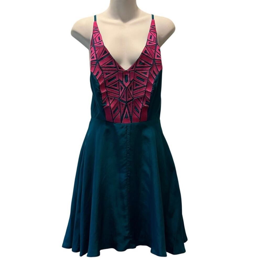 Amanda Uprichard Womens Mini Dress Teal Blue Geometric Tribal V-Neck Size Small